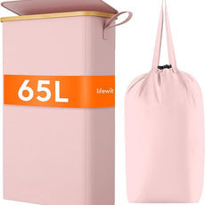Lifewit 65L Slim Laundry Hamper with Lid, Narrow Laundry Basket with Removable Bag & Bamboo Handles, Fodable Thin Dirty Clothes Hamper for Laundry Collapsible Bin for Bathroom Bedroom Dorm, Pink