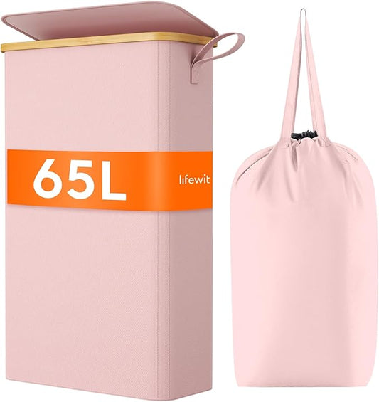 Lifewit 65L Slim Laundry Hamper with Lid, Narrow Laundry Basket with Removable Bag & Bamboo Handles, Fodable Thin Dirty Clothes Hamper for Laundry Collapsible Bin for Bathroom Bedroom Dorm, Pink