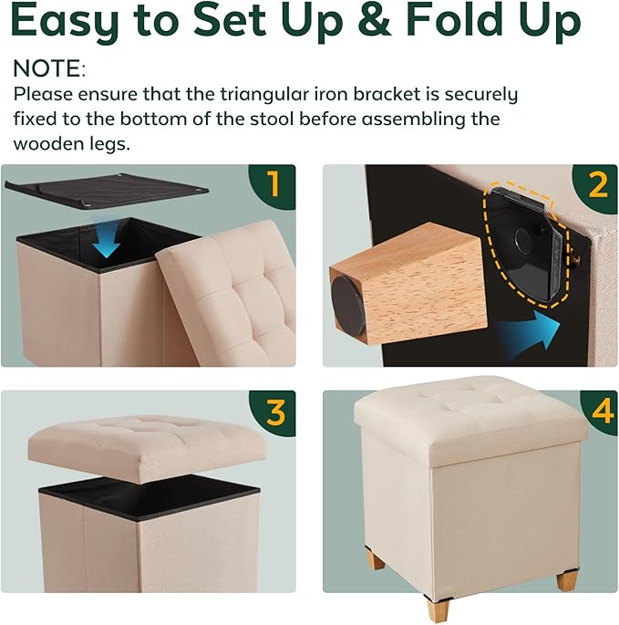 17.7" Ottoman with Storage, Square Storage Ottoman for Dorm, Linen Ottomans with Legs for Living Room, Bedroom, Black
