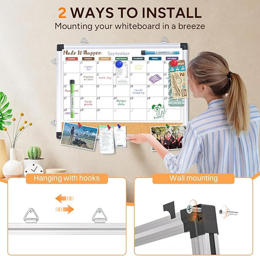 Monthly Dry Erase Board and Cork Board Combo for Wall, 17"x13" Reversible Hanging Dry Erase Board, Double Sided White Board with Aluminum Frame for Planning, Office, Kitchen, School, Home