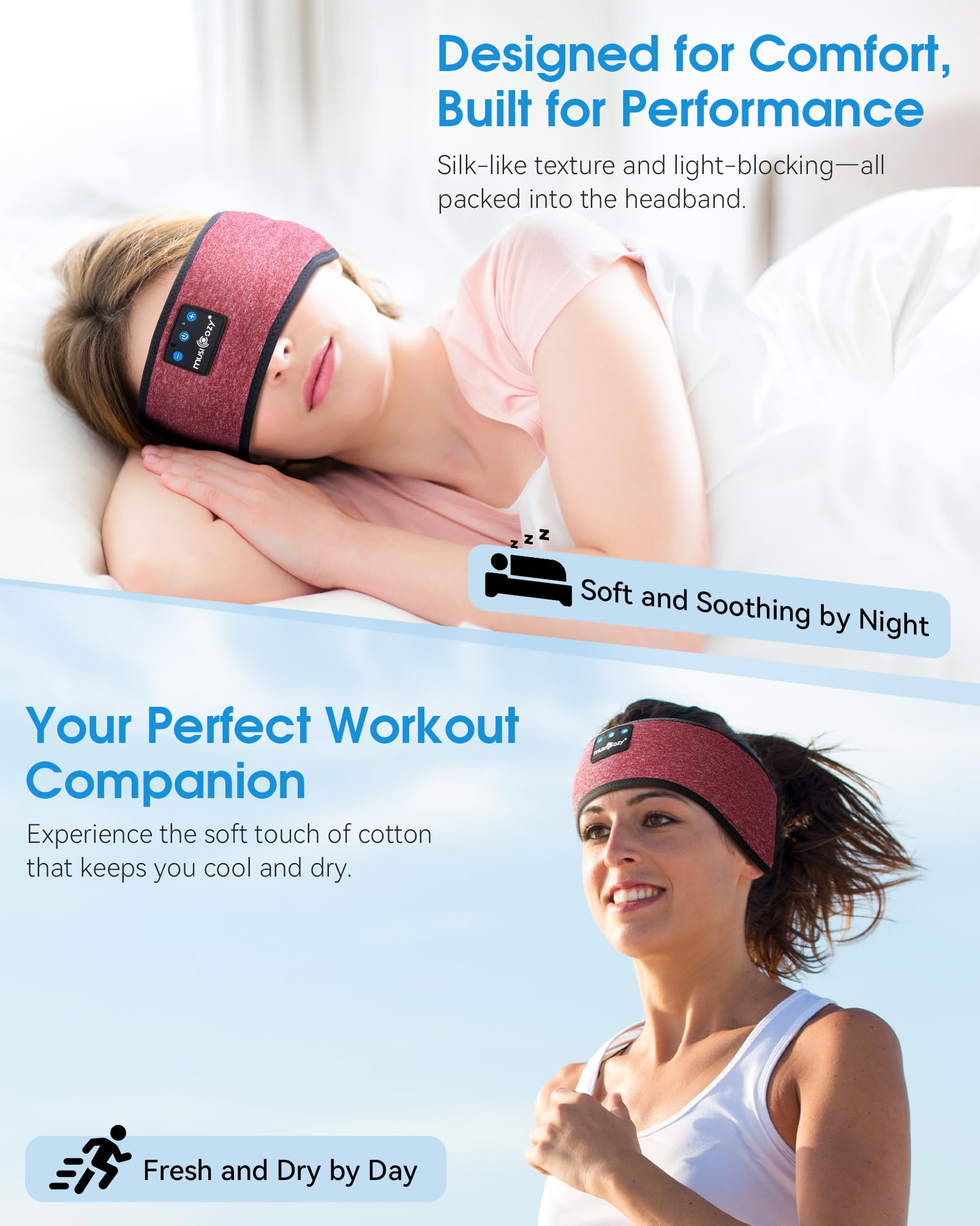 MUSICOZY Sleep Headphones Bluetooth 5.4 Headband, Sports Wireless Earphones Sweat Resistant Earbuds Sleeping Headphone with Ultra-Thin HD Stereo Speaker for Workout Running Cool Gadgets Unique Gifts Dormly