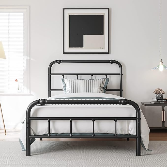 Twin Size Bed Frame with Headboard and Footboard, 18 Inches High, 3500 Pounds Heavy Duty Metal Slats Support for Mattress, No Box Spring Needed,Noise-Free, Black