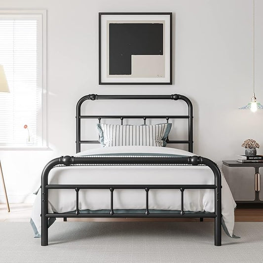 Twin Size Bed Frame with Headboard and Footboard, 18 Inches High, 3500 Pounds Heavy Duty Metal Slats Support for Mattress, No Box Spring Needed,Noise-Free, Black