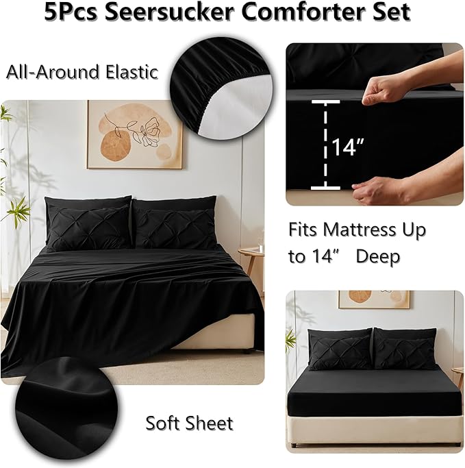 CozyLux Twin Comforter Set with Sheets Black, 5 Pieces Pintuck Bed in A Bag, Twin Bed Set Gift for Family, Pinch Pleat Bedding Set with Comforter, Sheets, Pillowcase & Sham