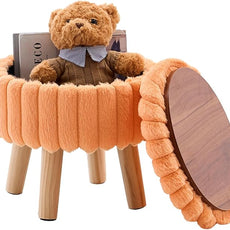 Wimarsbon Storage Ottoman,Soft Faux Fur Footstool with Padded Seat, Small Reading Vanity Chair, Footrest with Wood Tray for Couch, Mini Coffee Table or Display Stand (Orange, Round Storage)