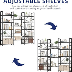 NUMENN Triple Wide 5 Tier Bookshelf, Rustic Industrial Style Bookcases and Bookshelves with 14 Open Display Shelves, Modern Tall Bookcase Furniture for Bedroom, Living Room and Home Office, Black