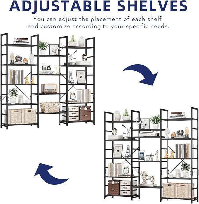 NUMENN Triple Wide 5 Tier Bookshelf, Rustic Industrial Style Bookcases and Bookshelves with 14 Open Display Shelves, Modern Tall Bookcase Furniture for Bedroom, Living Room and Home Office, Black