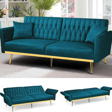 70” Velvet Futon Sofa Bed w/Adjustable Armrests and Backrest, Convertible Futon Couch w/2 Pillows, Modern Sleeper Bed for Living Room, Bedroom, Teal