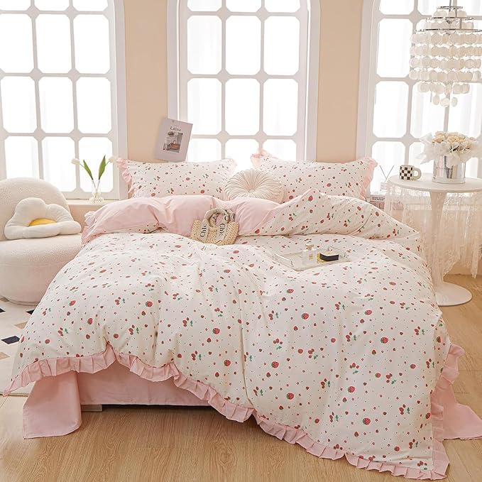 MKXI Strawberry Print Comforter Set - Pink and White Ruffled Bedding with Floral Accents, Soft Microfiber, 3-Piece Full Size, Lightweight and Cozy for Kids, Teens, and Adults