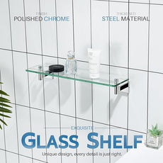 KOKOSIRI Bathroom Shelves Wall Mounted Floating Glass Shelf Polished Stainless Steel 20-Inch Kitchen Hanging Rack for Storage/Room Decor B1105CH-L20