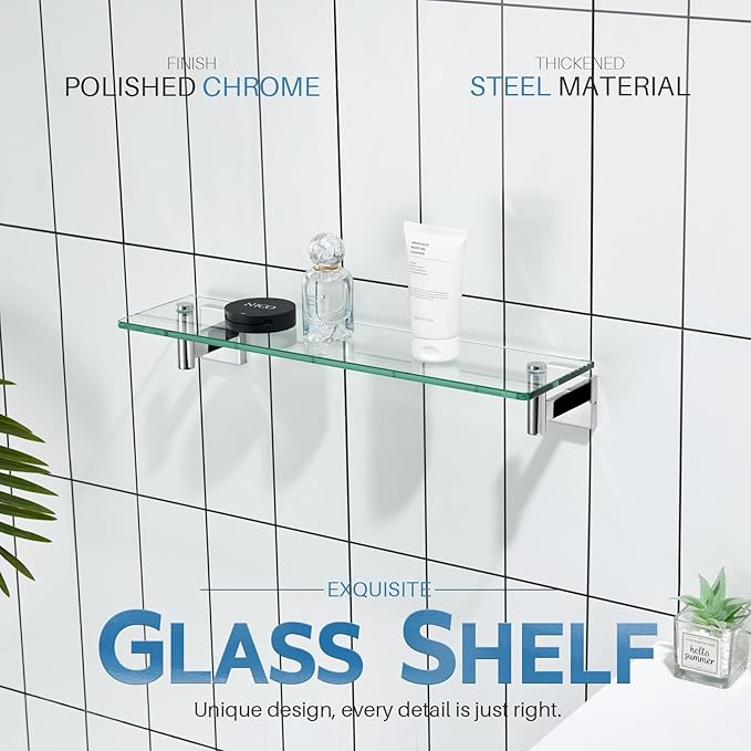 KOKOSIRI Bathroom Shelves Wall Mounted Floating Glass Shelf Polished Stainless Steel 20-Inch Kitchen Hanging Rack for Storage/Room Decor B1105CH-L20