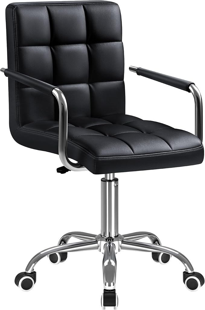 Furmax Mid-Back Office Task Chair Ribbed PU Leather Executive Chair Modern Adjustable Home Desk Chair Retro Comfortable Work Chair 360 Degree Swivel with Arms (Black)