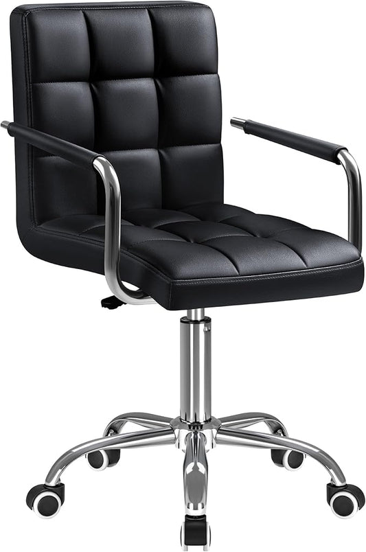 Furmax Mid-Back Office Task Chair Ribbed PU Leather Executive Chair Modern Adjustable Home Desk Chair Retro Comfortable Work Chair 360 Degree Swivel with Arms (Black)