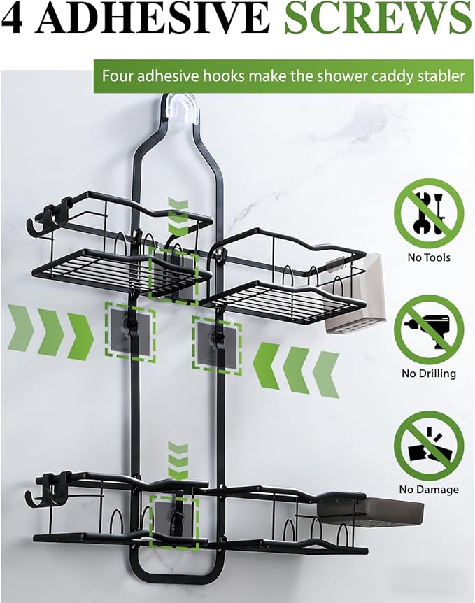 Shower Caddy Hanging, Rustproof Shower Organizer Over Showerhead with Hooks for Razor & Sponge, Bathroom Storage Rack with Soap Holder for Shampoo