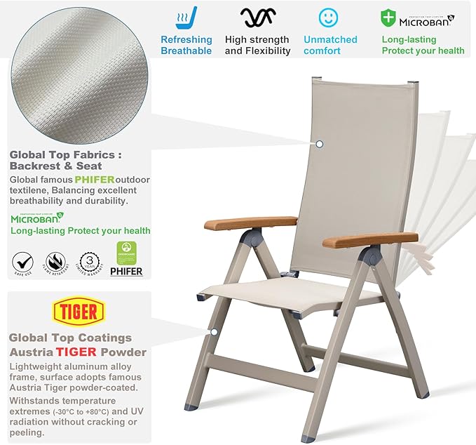 Adjustable Folding Chair, Indoor & Outdoor Balcony, Patio Porch, Garden Lawn, Pool, for Comfortable Foldable Chairs, Portable Cozy Recliner, Metal Frame with Teak armrest, Durable