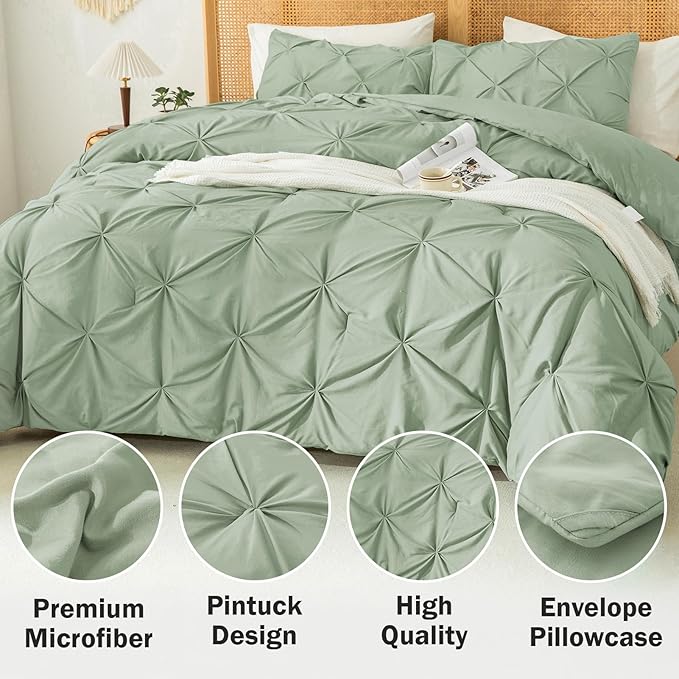 Andency Sage Green Pinch Pleated Comforter King(104x90Inch), 3 Pieces Pintuck Lightweight Comforter Set, Soft Microfiber Down Alternative Bedding Set