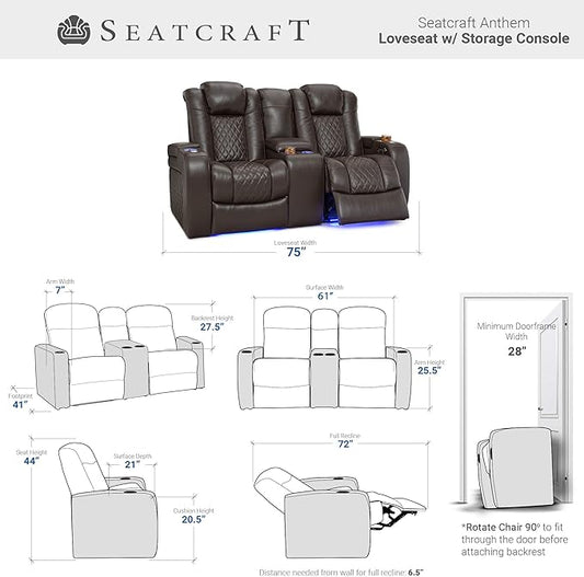 Seatcraft Anthem Home Theater Seating - Italian Leather - Power Recline Loveseat - Center Storage Console - Powered Headrests - Arm Storage - USB Charging - Cup Holders, Brown