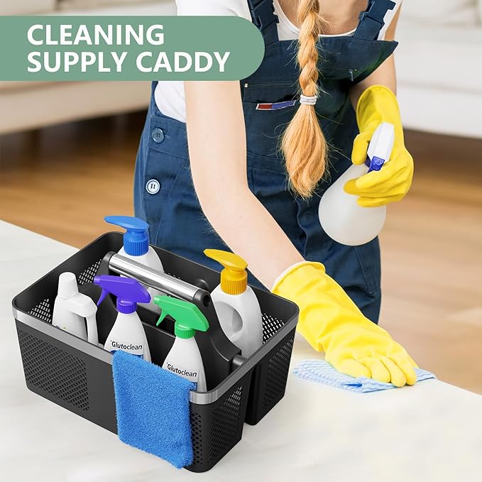 Black Shower Caddy Portable: Plastic Bathroom Caddy Organizer with Handle and Holes, Cleaning Caddy, Hard Shower Basket Storage Tote for Toiletry, College Dorm Room Essentials for Men