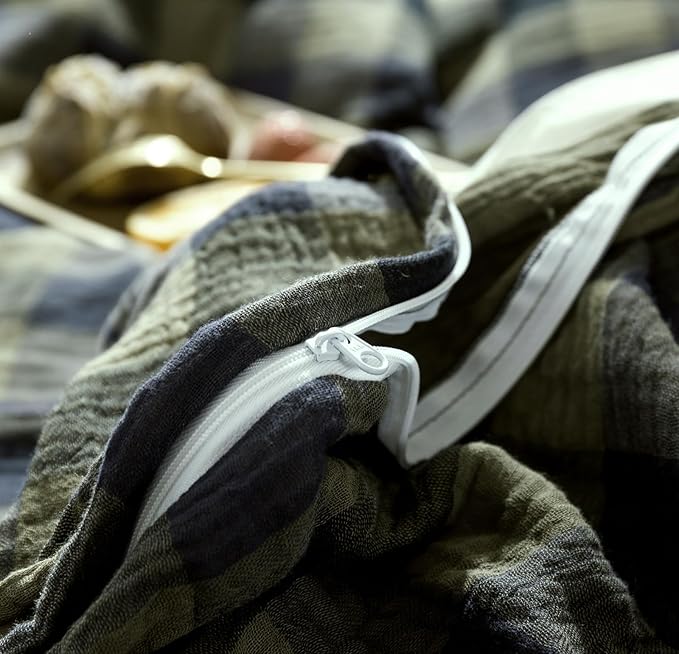 VM VOUGEMARKET Cotton Muslin Duvet Cover Queen Amy Green Plaid Bedding Set Soft Breathable Linen Like Gauze Comforter Cover with Zipper Closure for Teen Men,90"x90"