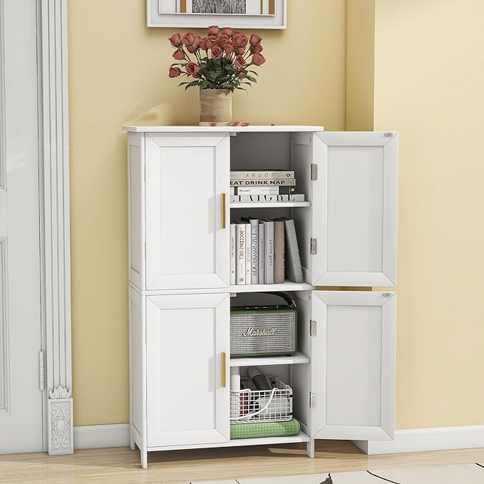 Bathroom Storage Floor Cabinet Freestanding Organizer with Adjustable Shelves for Bathroom Laundry Room,4 Doors