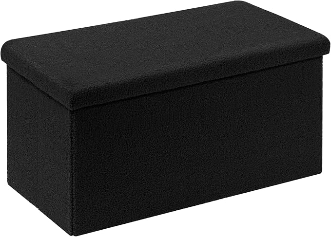 PINPLUS Folding Storage Ottoman Bench, Black Sherpa Ottoman for Living Room, Long Shoes Storage Chest Boxes Footrest Bench for Bedroom, Living Room, Entryway, 31.5Inches