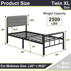 14 Inch Twin XL Bed Frame with Upholstered Headboard and Metal Footboard, XL Twin Platform Bed Frame with Strong Metal Slats Support, Under-Bed Storage, Noise Free, Easy Assembly