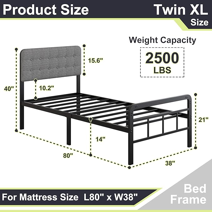 14 Inch Twin XL Bed Frame with Upholstered Headboard and Metal Footboard, XL Twin Platform Bed Frame with Strong Metal Slats Support, Under-Bed Storage, Noise Free, Easy Assembly