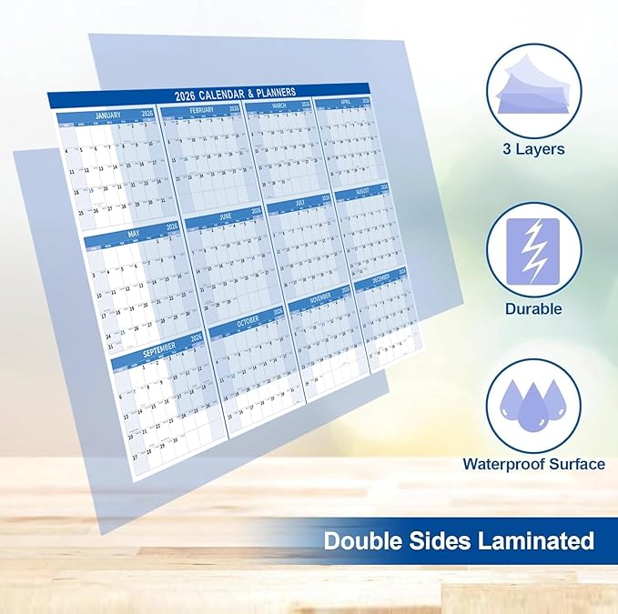 22.7" x 34.72" 2026 Wall Calendar, Folded Wet & Dry Erase Wall Calendar 12 Month, Yearly Laminated Wall Calendars, Reversible Annual Planner, Horizontal/Vertical, with Julian Dates