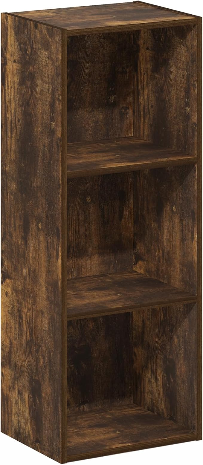 Furinno LUDER Book Shelf, 3-Cube Bookshelf, Bookcase with Open Shelves, 9.3 x 12 x 31.5, for Living Room, Bedroom, Home Office, Amber Pine