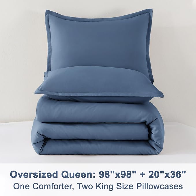 Litanika Comforter Set, Lightweight Solid Bedding Comforter Set, Fluffy Down Alternative Bed Set, Haze Blue, Oversized Queen