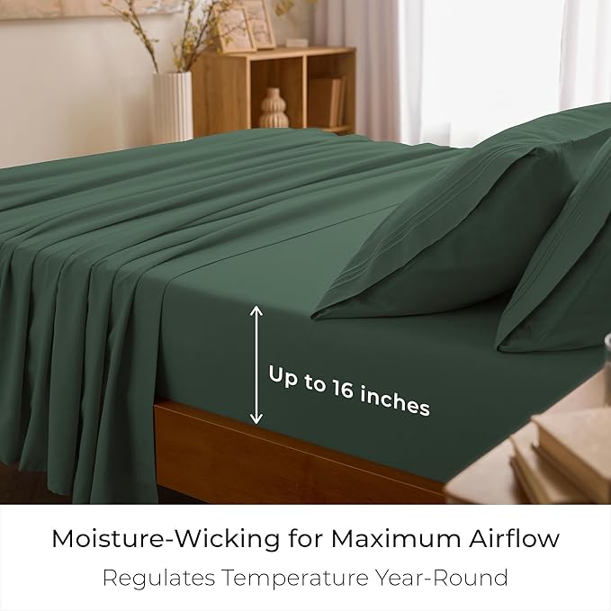 Mellanni Twin XL Sheet Set - 4-Piece Iconic Collection Bedding, (Including 2 Pillowcases), 16-Inch Deep Pocket, Easy Care, Extra Soft, Cooling Sheets, Brushed Microfiber - Emerald Green