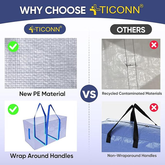 TICONN 2 Pack Extra Large Moving Bags with Zippers & Carrying Handles, Heavy-Duty Storage Tote Moving Boxes for Space Saving (2 Pack, Blue)