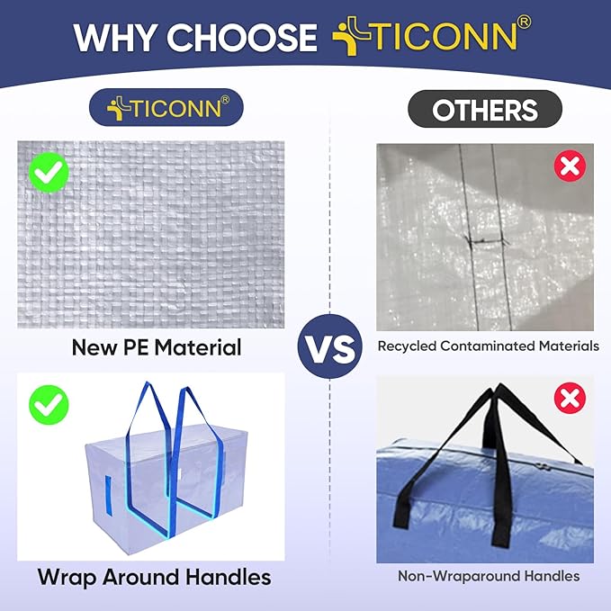 TICONN 4 Pack Extra Large Moving Bags with Zippers & Carrying Handles, Heavy-Duty Storage Tote Moving Boxes for Space Saving (4 Pack, Blue)