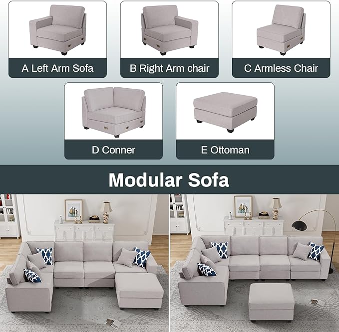 Legend Vansen Modular Sectional Sofa U Shaped Couch with Ottoman Modern Reversible Corner Sectional Couch for Living Room (Light Grey, U Shaped Sofa-1)