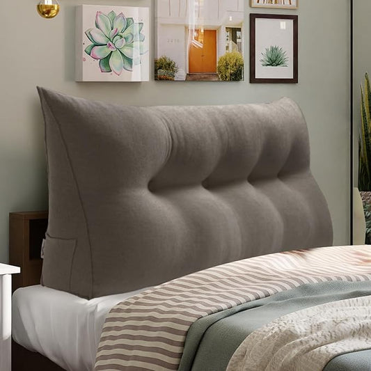 WOWMAX 85% Linen 15% Cotton Blend Headboard Pillow – Full Size Reading Wedge Backrest for Bed, Handmade Firm Support Bolster Cushion with Removable Cover, Premium Bed Rest Pillow, Light Gray