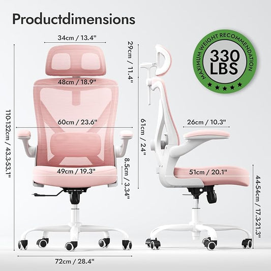 Pink Ergonomic Office Chair: Mesh Desk Chair Comfy with Adjustable Lumbar Support 330lbs High Back Computer Gaming Chair - Big and Tall Office Chairs with Headrest - Adults Home Office