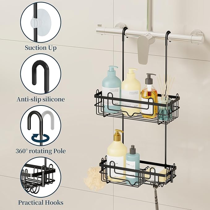 Consumest Over the Door Shower Caddy - 2-Tier Hanging Shower Organizer with Soap Holder, Rustproof Bathroom Storage and Organizer Rack for Shampoo, Towels, and Toiletries, Black