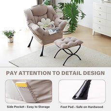 Tiita Lazy Chair with Ottoman, Modern Large Accent Lounge Armchair, Comfy Leisure Sofa Reading Chair with Footrest for Bedroom, Living Room, Dorm Rooms, Garden and Courtyard, Khaki