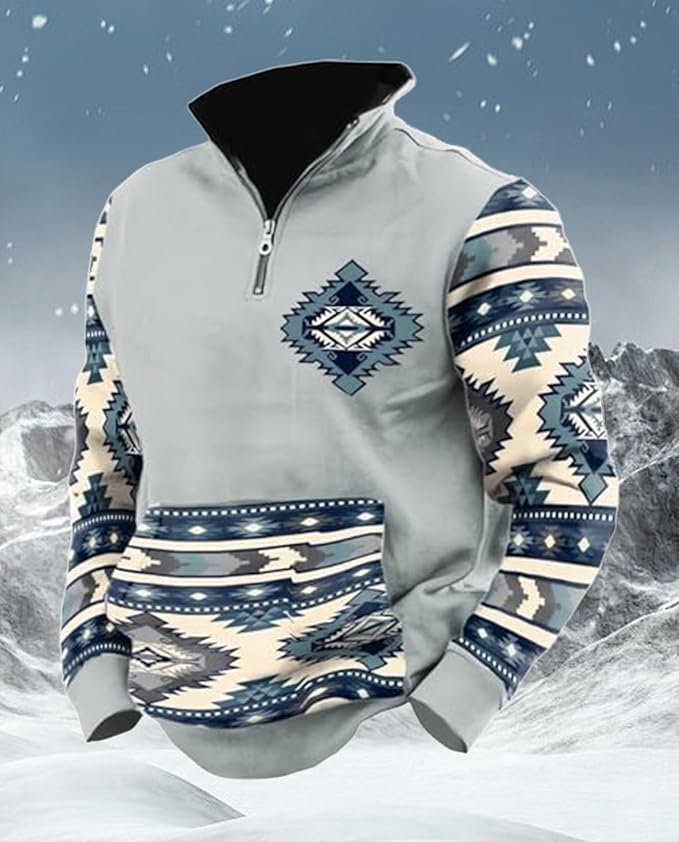 Western Sweatshirts for Men Aztec Cowboy Vintage Graphic Fleece Hoodie Mens Quarter Zip Pullover Country Jacket