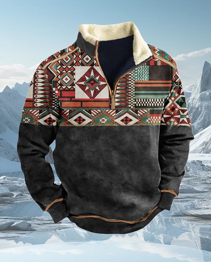 Western Sweatshirts for Men Aztec Cowboy Vintage Graphic Fleece Hoodie Mens Quarter Zip Pullover Country Jacket
