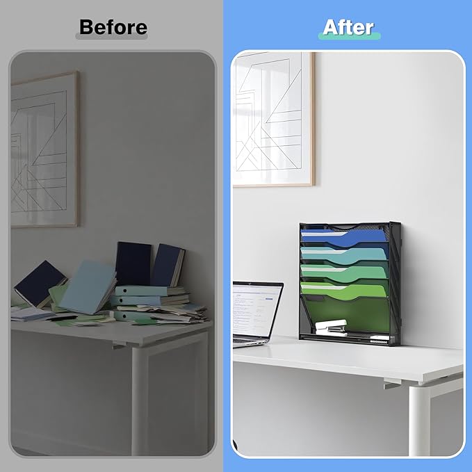 Kuntine.B Wall File Organizer (Black, 6 Tier & Hangers)