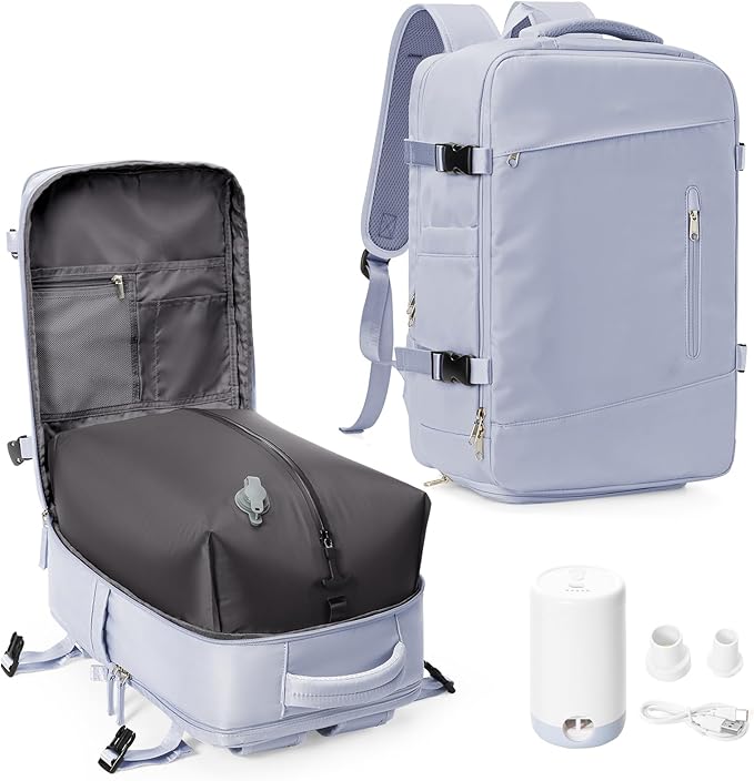 suwasp Vacuum Travel Backpack with Electric Vacpack Pump for Women, 40L Expandable Vacuum Compression Bags Personal Item Backpack Flight Approved Vacuum Seal Backpack for Traveling, Light Purple