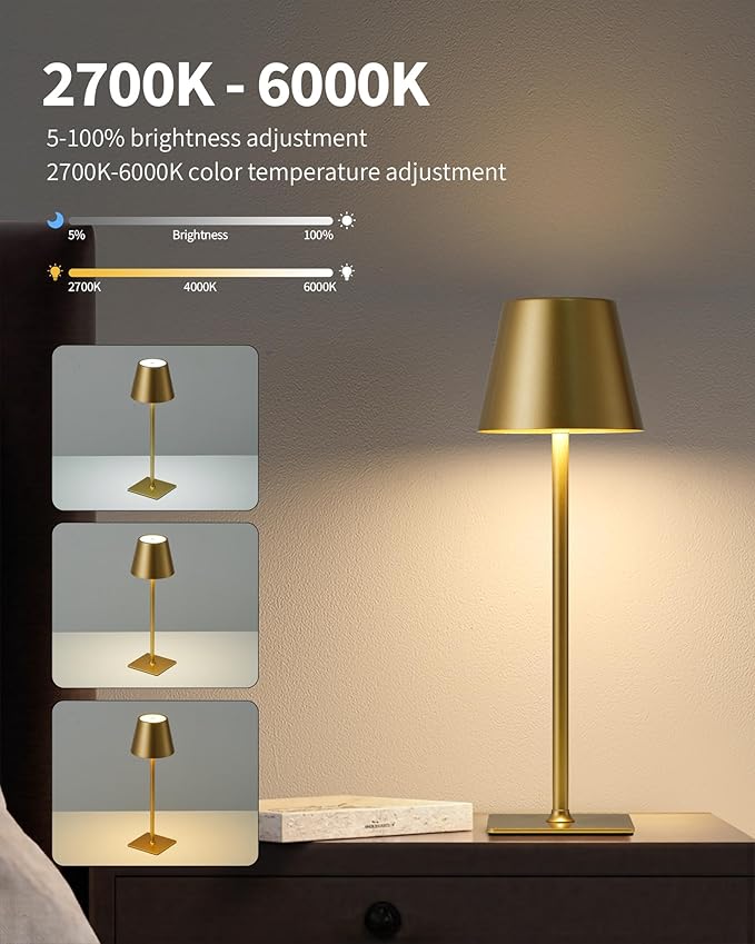 KDG 2 Pack Cordless Table Lamp, Portable LED Desk Lamps, 5000mAh Battery Operated, 3 Color Stepless Dimming Up, for Restaurant, Bedroom, Outdoor Camping, Coffee Shop, Night Light, Rechargeable (Gold)