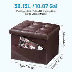 Storage Ottoman Foot Rest Stool, Small Leather Storage Ottomans Bench, Folding Footstool with Side Pockets, Foot Rest Under Desk for Living Room Bedroom, 17x13x13 in, Brown