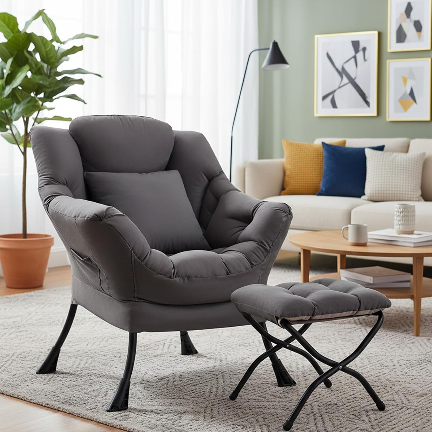 Lazy Chair with Ottoman, Large Pink Accent Chair with Ottoman and FA Throw Pillow, Comfy Plush Reading Chair for Living Room Bedroom Dorm Room Office Apartment Relaxing Use Dormly