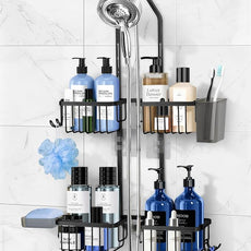 Adjustable Shower Caddy Hanging for Handheld Showerheads - Never Rust Shower Hanging Organizer, Upgraded Bathroom Shower Rack with Soap Basket, Hooks and Toothbrush Holder (Black)