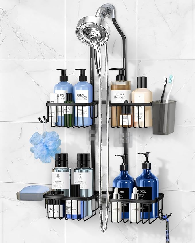Adjustable Shower Caddy Hanging for Handheld Showerheads - Never Rust Shower Hanging Organizer, Upgraded Bathroom Shower Rack with Soap Basket, Hooks and Toothbrush Holder (Black)