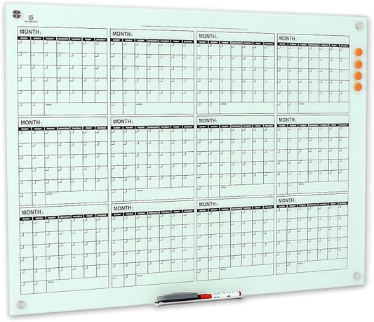 TSJ OFFICE Glass Calendar Whiteboard - 48 x 36 Inches Wall Mounted Dry Erase Yearly Planner for Wall, Large Magnetic Glass White Board for Office, Home & School
