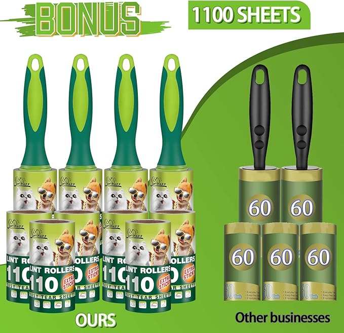 Extra Sticky Lint Rollers for Pet Hair, 1100 Sheets Total, Upgraded 4 Handles with 10 Refills Portable Travel Size for Couch Furniture Clothes Dog & Cat Hair Remover