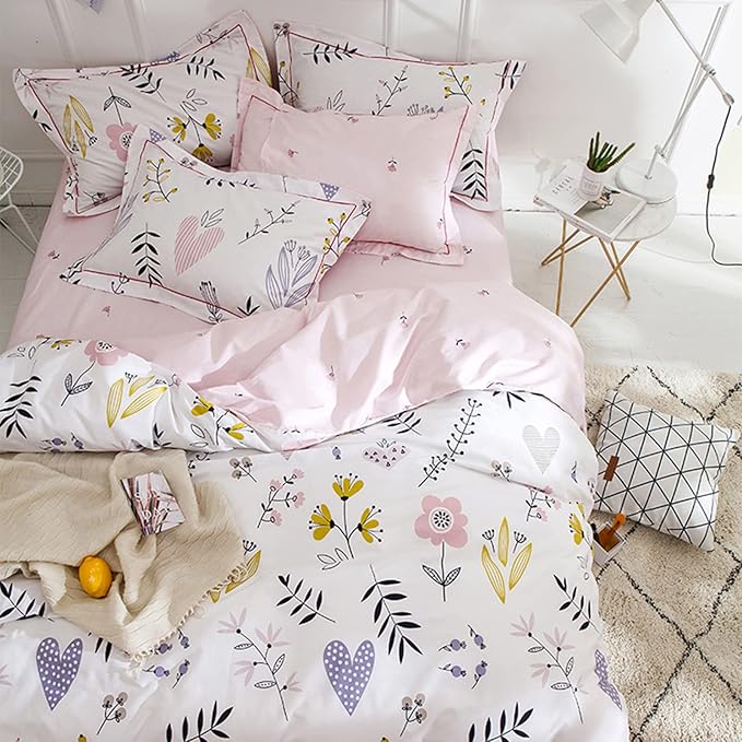 HighBuy Girls Duvet Cover Full Size Bedding Sets Floral Aesthetic Coquette Bedding Set White Pink Premium Cotton Teens Flower Bedding Sets Kids Comforter Cover Soft Branches Full Pink